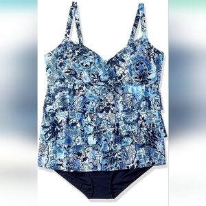 NWT Shape Solver Blue‎ Zen Garden V neck Triple Tier Tankini w/ underwire Beach